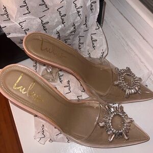Lulu's Clear and Tan Embellished Heels